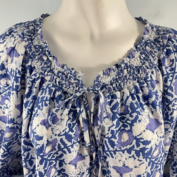 C & C California Linen Blend Top Blue Floral Peasant Blouse Shirt Size Large - Picture 2 of 13